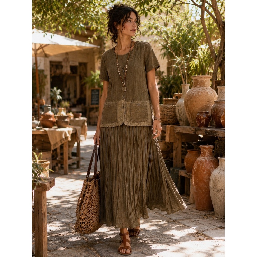 Brown Crinkle Maxi Dress and Vest Set Size 14 Boho Lagenlook By Briana-Che